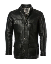 Men's Four Pocket Cafe Racer Long Hip Length Leather Jacket