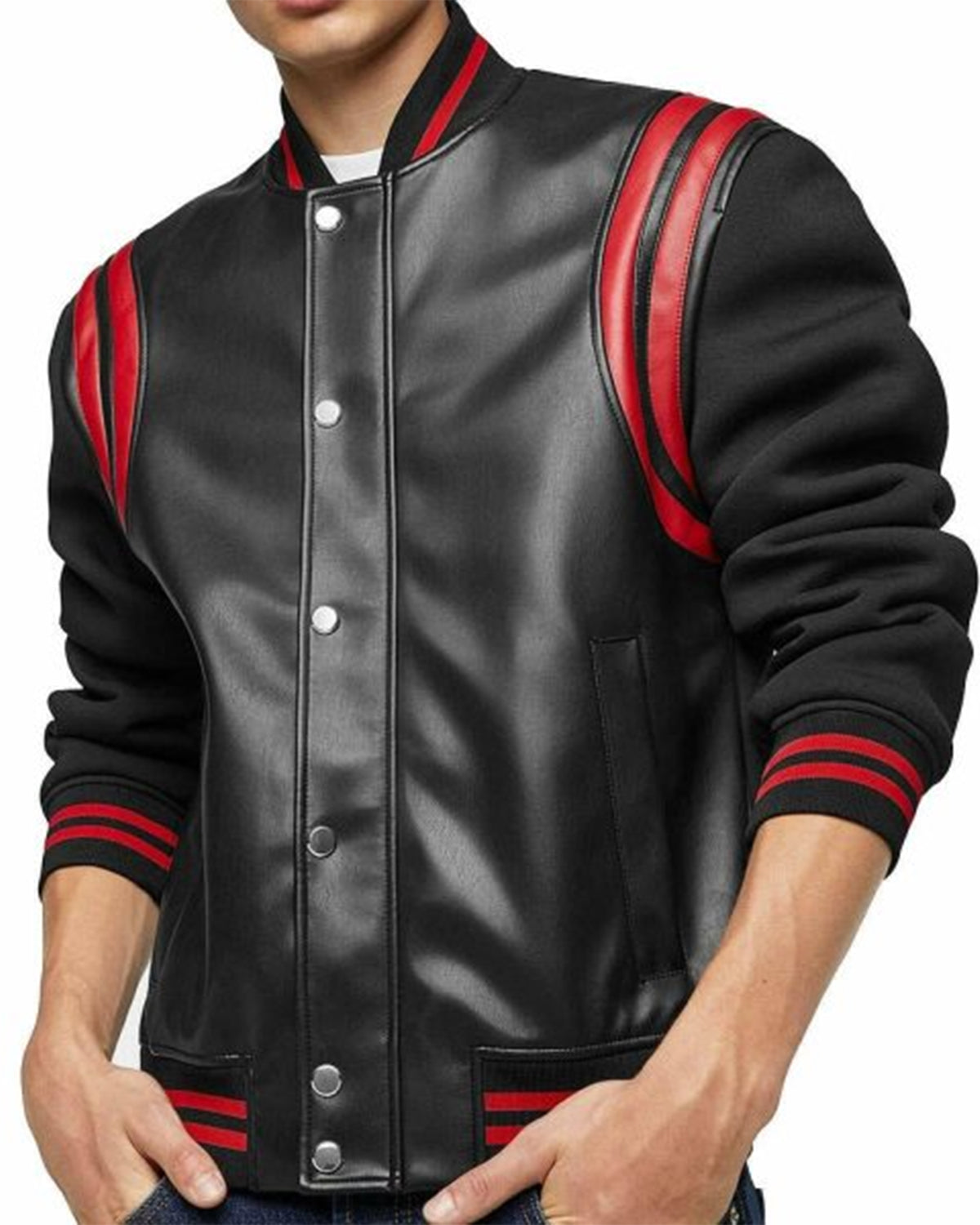 Mens Black with Red Stripes Leather Jacket