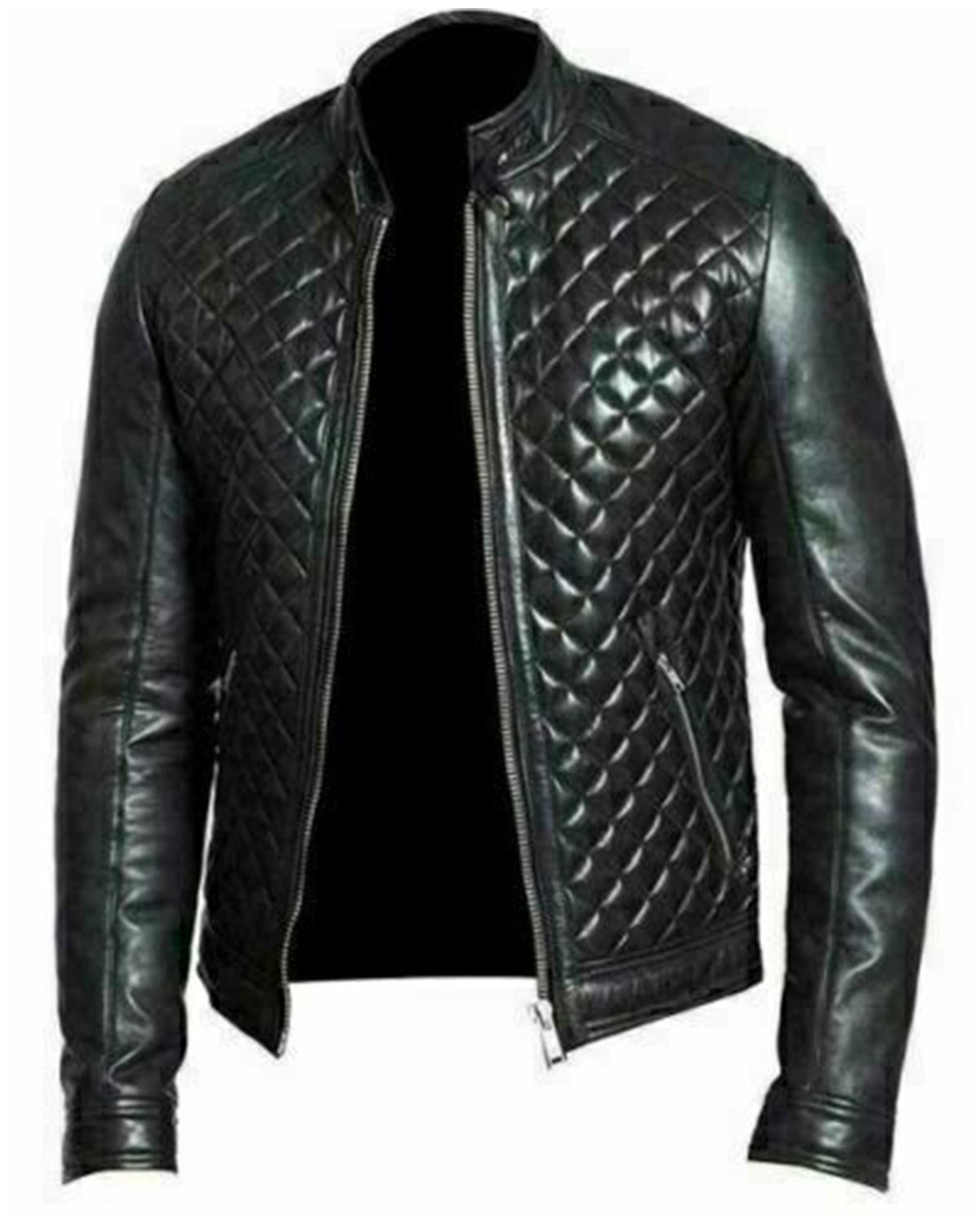 Men's Quilted Black Cafe Racer Real Sheepskin Leather Jacket
