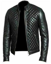 Men's Quilted Black Cafe Racer Real Sheepskin Leather Jacket