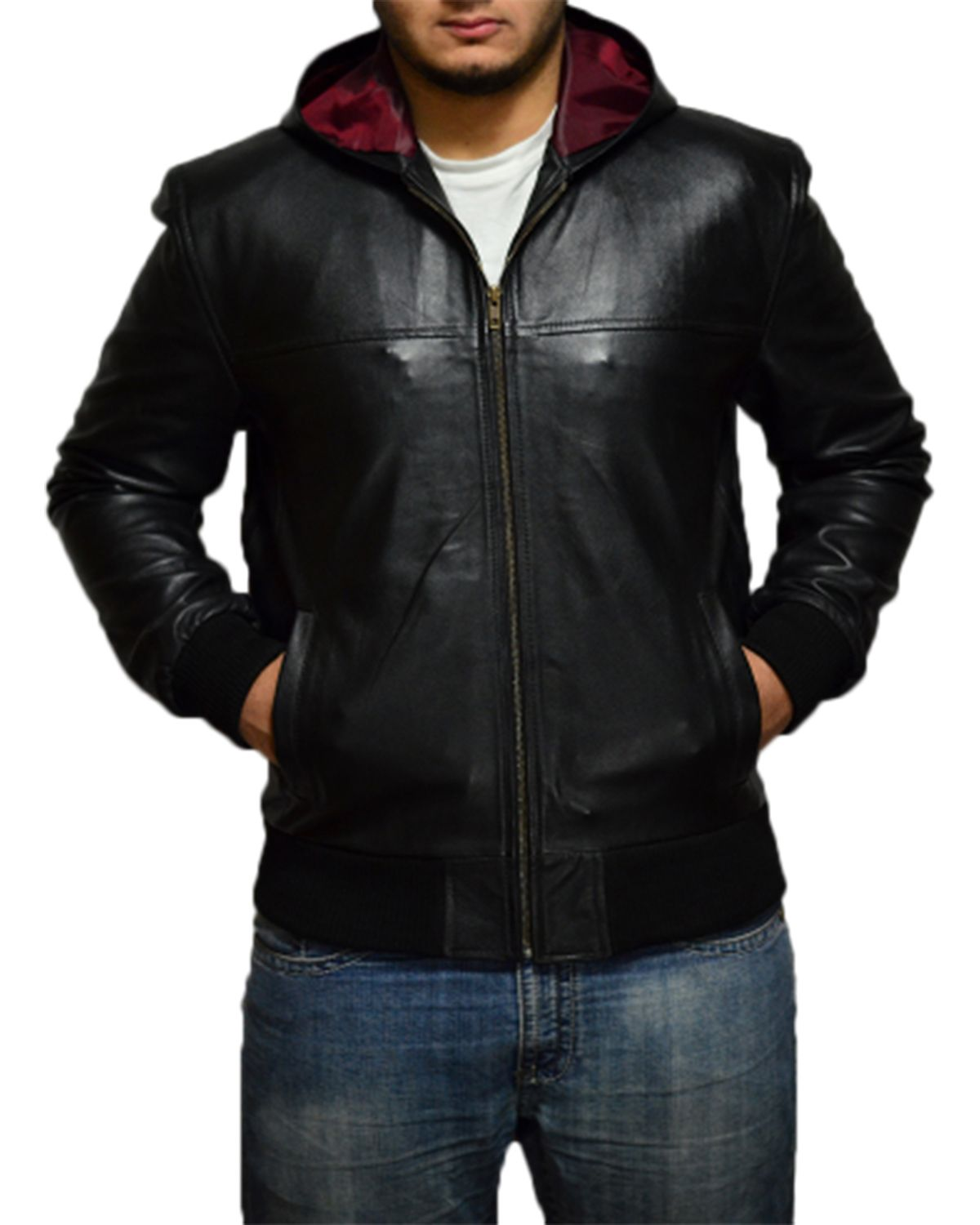 Men's Hooded Black Biker Real Sheepskin Leather Jacket