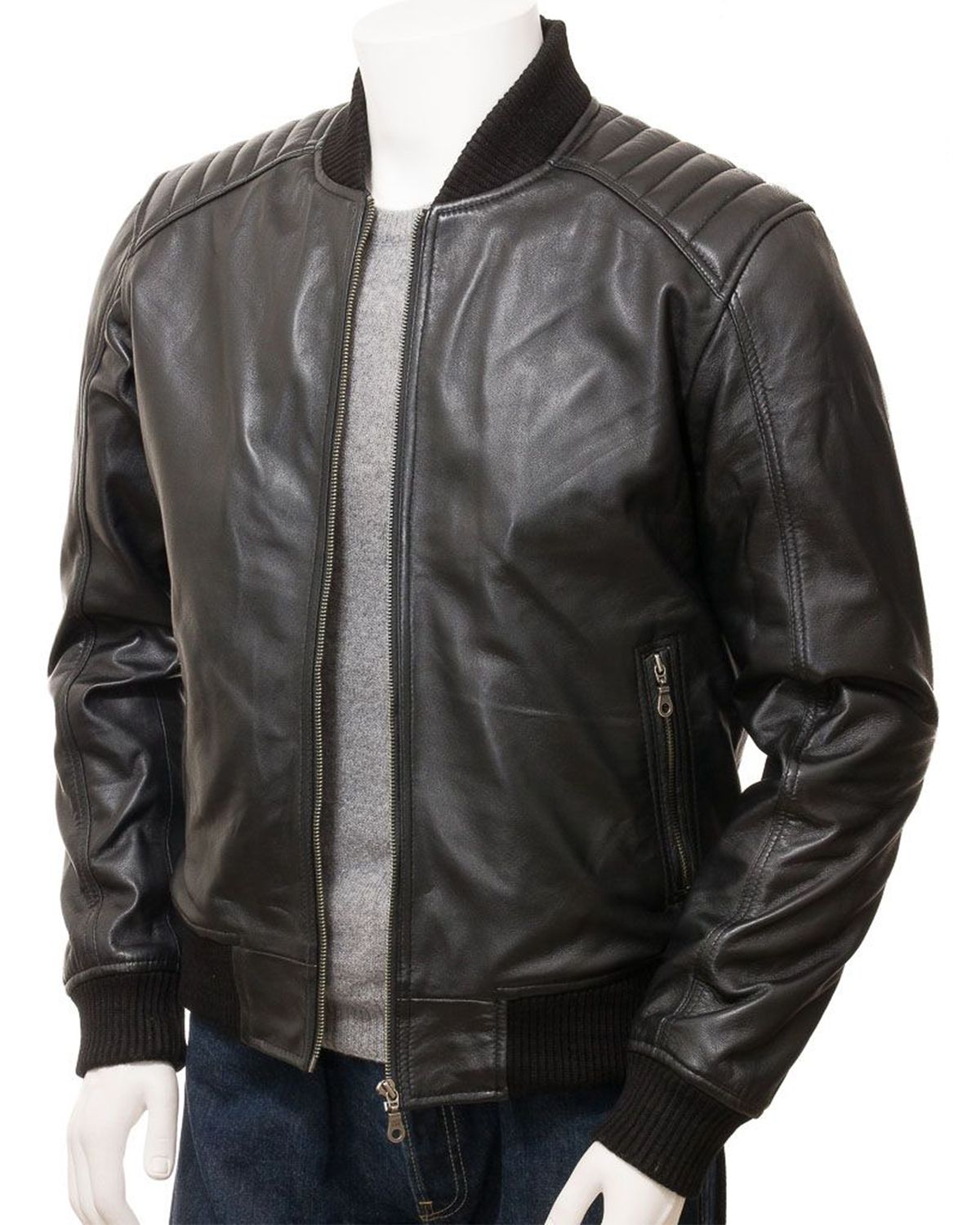 Men's Black Quilted Shoulder Bomber Leather Jacket
