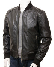 Men's Black Quilted Shoulder Bomber Leather Jacket