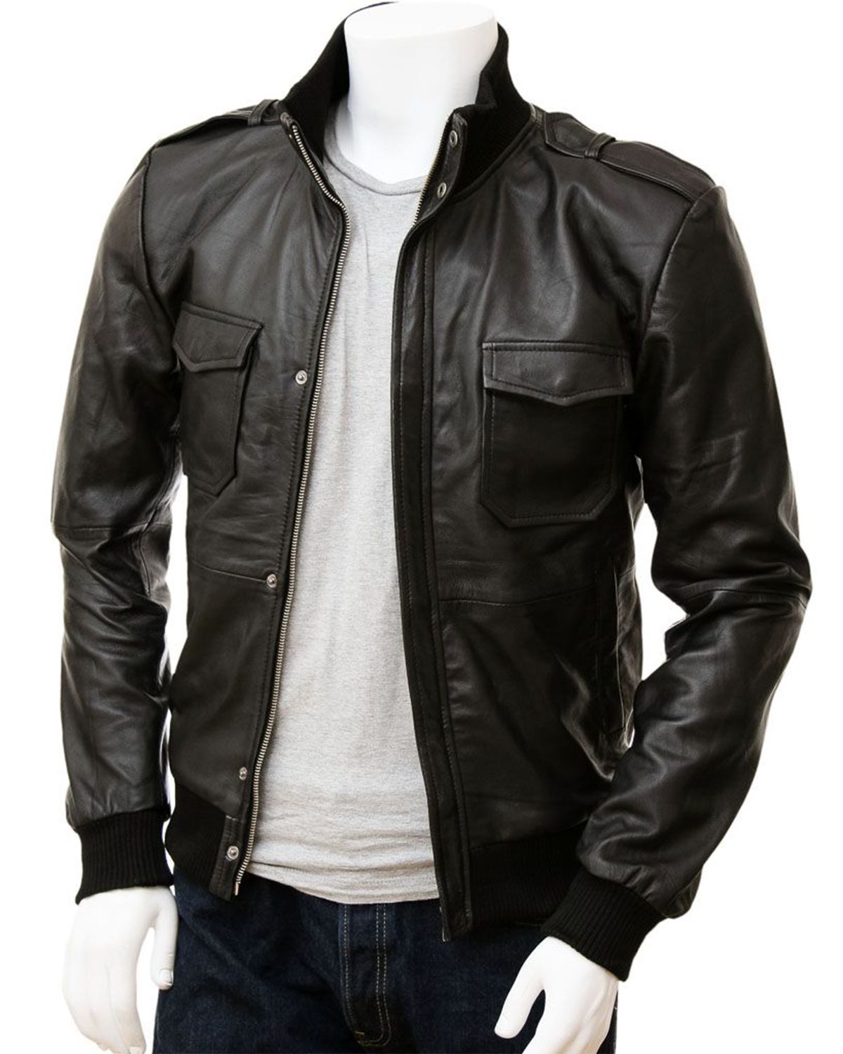 Men's Epaulettes Shoulder Stylish Bomber Leather Jacket