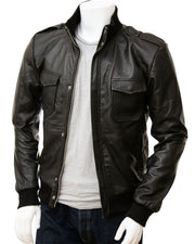 Men's Epaulettes Shoulder Stylish Bomber Leather Jacket