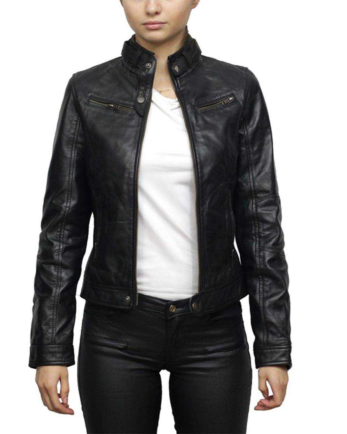 Women's Belted Collar Black Biker Jacket