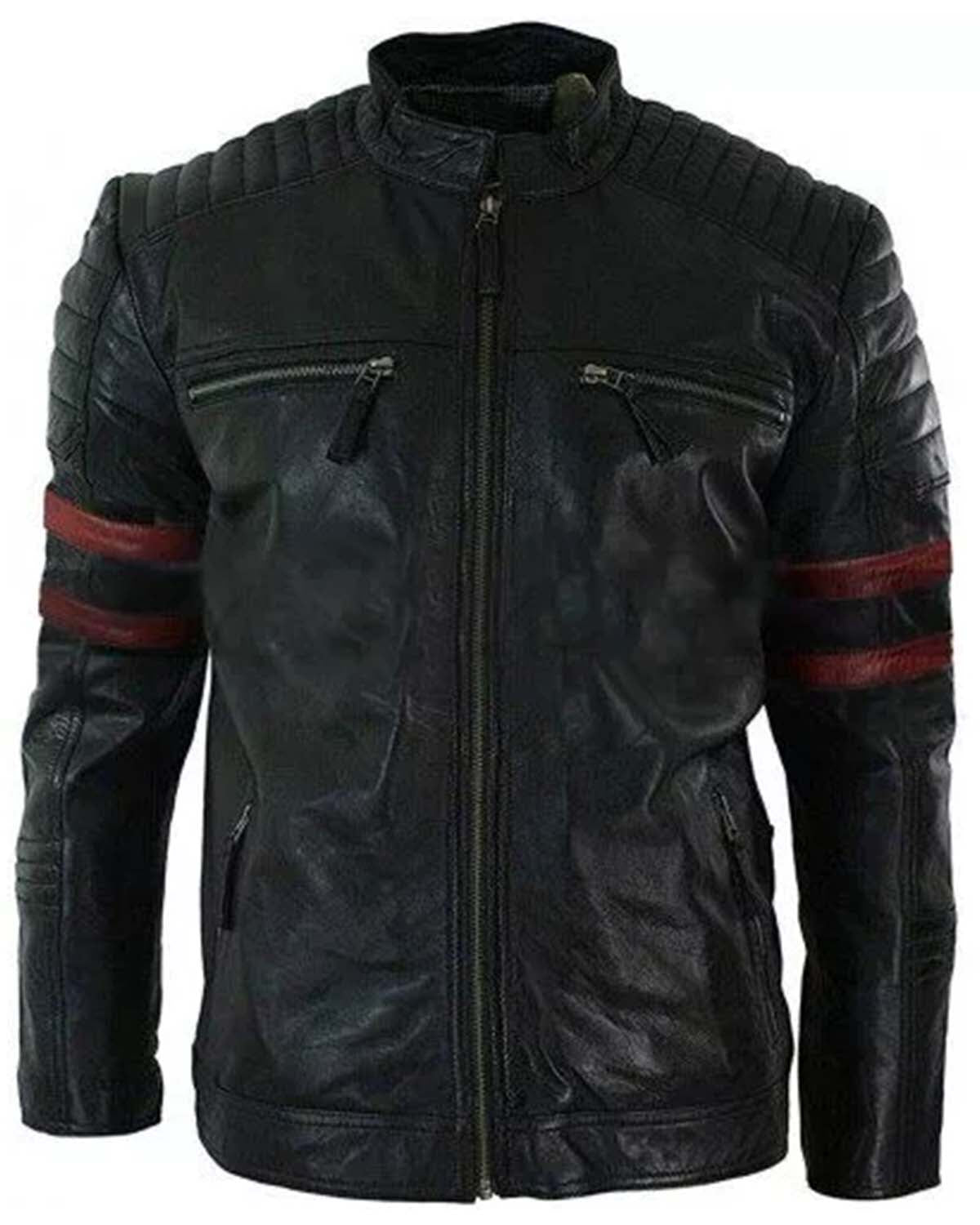 Cafe Racer Retro Biker Red & Black Stripe Motorcycle Leather Jacket