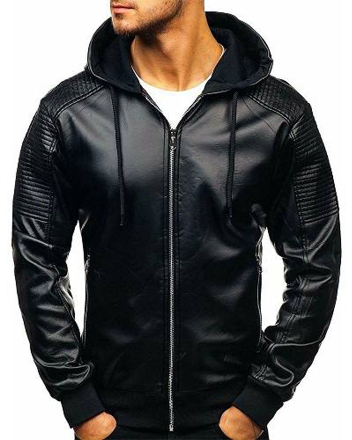 Men's Black Hooded Cafe Racer Leather Jacket