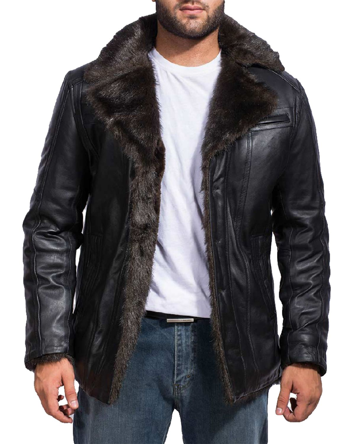 Men's Black Fur Collar Bomber Leather Jacket