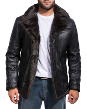 Men's Black Fur Collar Bomber Leather Jacket