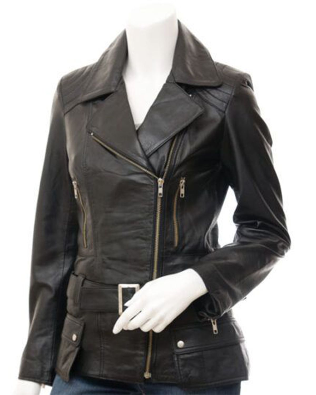 Women's Long Black Biker Real Sheepskin Leather Jacket