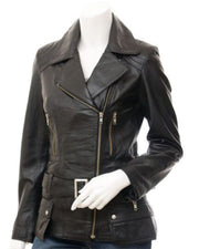 Women's Long Black Biker Real Sheepskin Leather Jacket