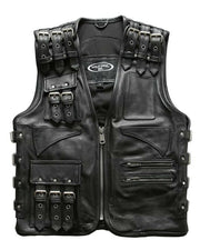 Mens Cargo Style Biker Cowhide Leather Vest Jacket