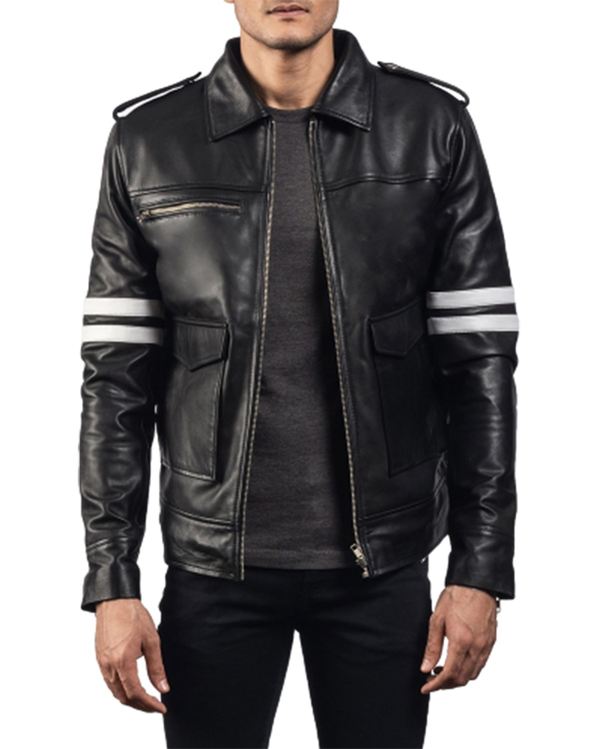 Men's Black Biker With White Stripes Leather Jacket