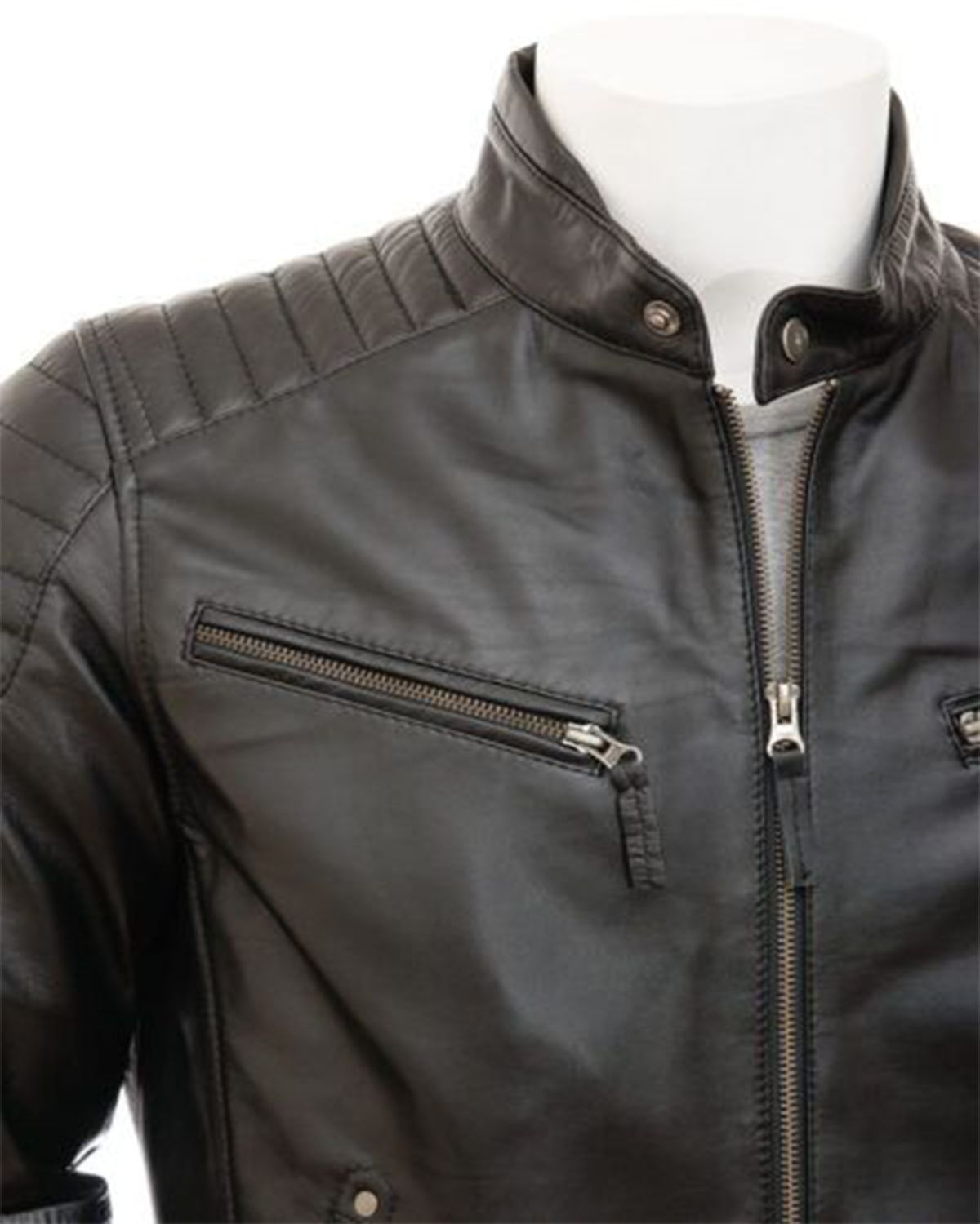 Men's Quilted Shoulder Classic Cafe Racer Motorcycle Jacket