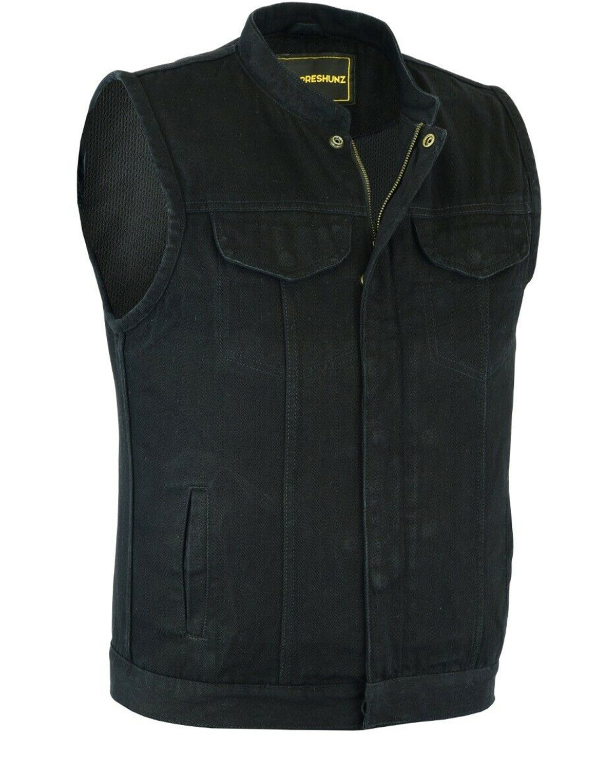 Mens Biker Denim Black Vest with Dual inside Gun Pockets
