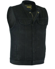 Mens Biker Denim Black Vest with Dual inside Gun Pockets