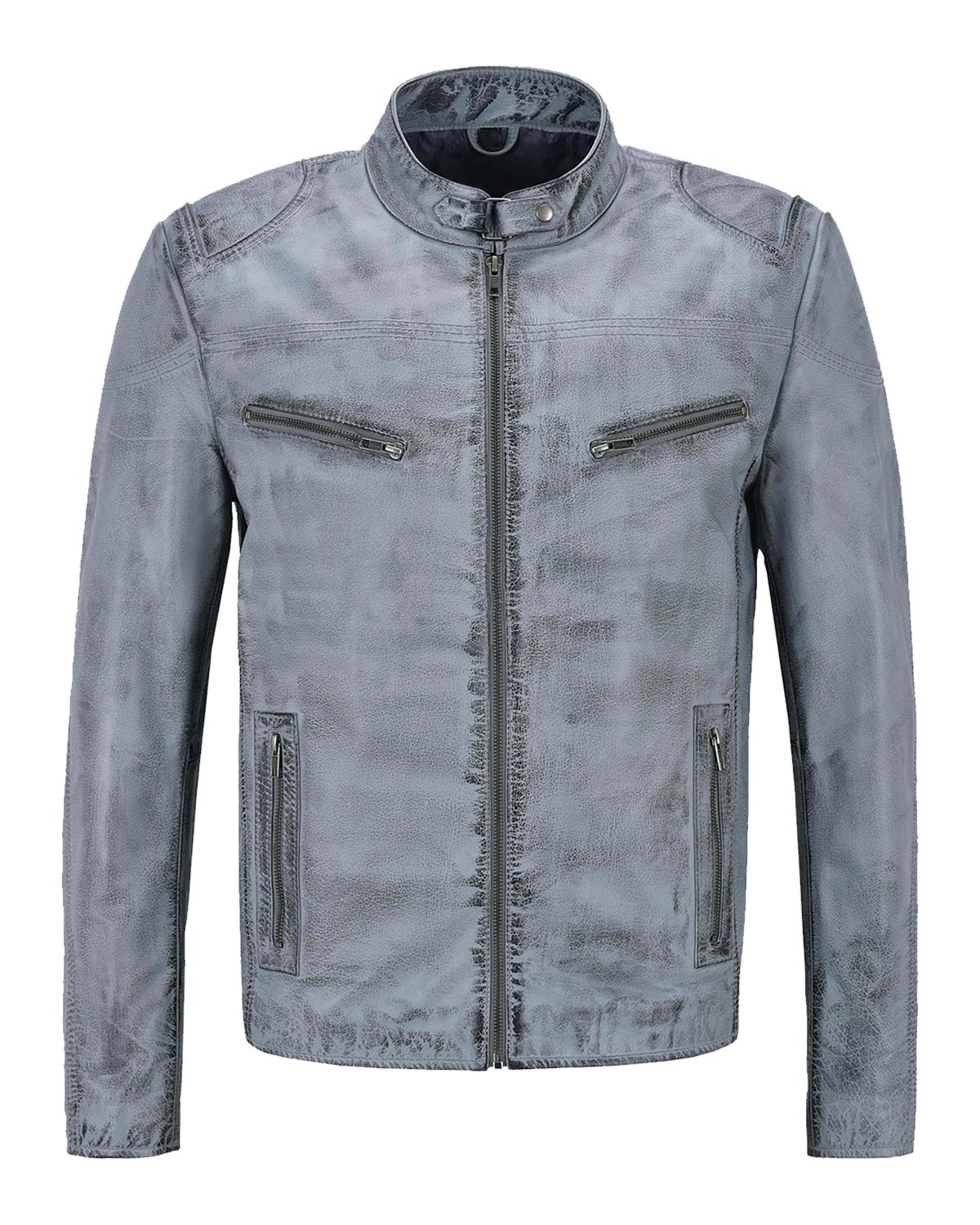 Men's Distressed Light Blue Retro Biker Leather Jacket