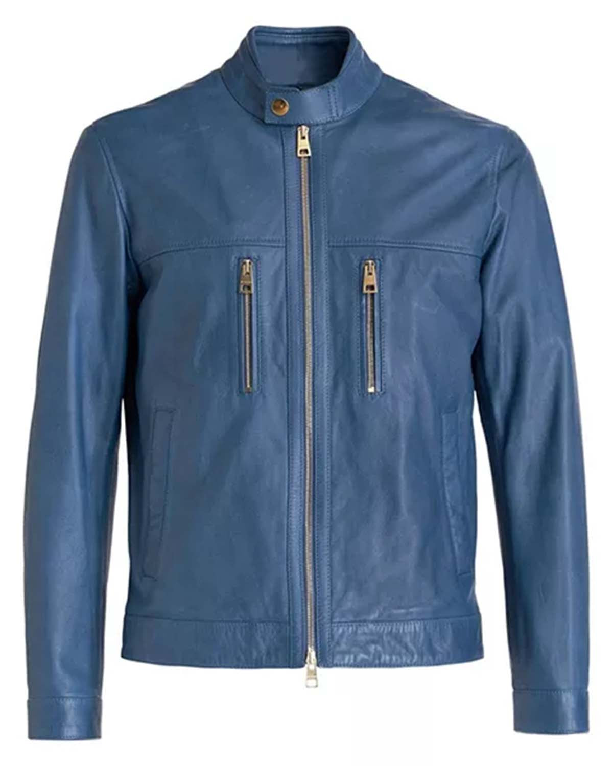 Mens Blue Cafe Racer Leather Jacket