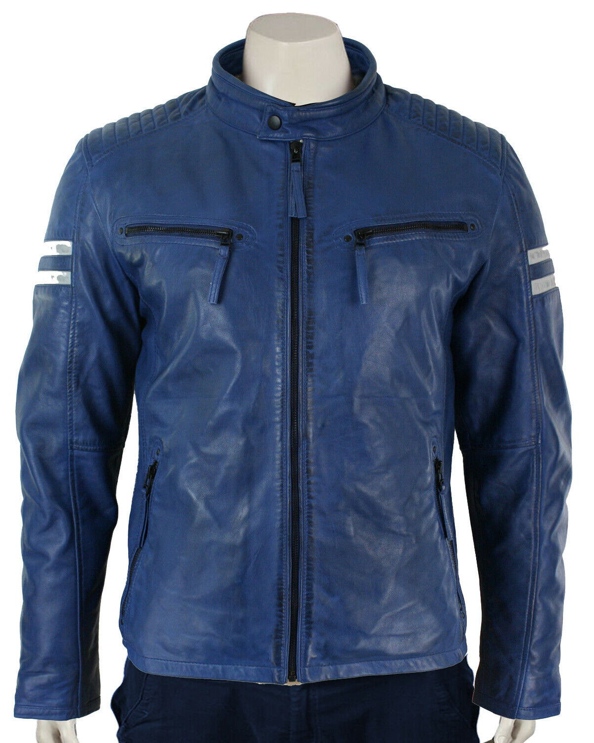 Mens Cafe Racer Blue biker jacket Leather Motorcycle Jackets