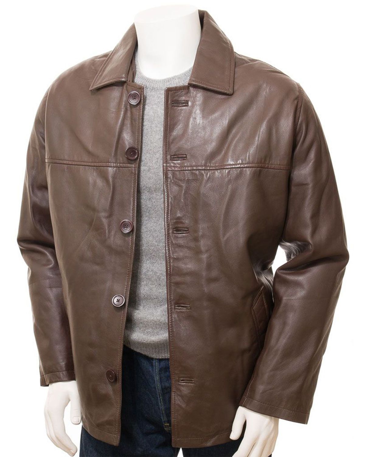 Men's Brown Reefer Style Genuine Sheepskin Leather Coat