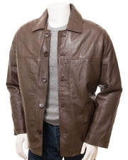 Men's Brown Reefer Style Genuine Sheepskin Leather Coat