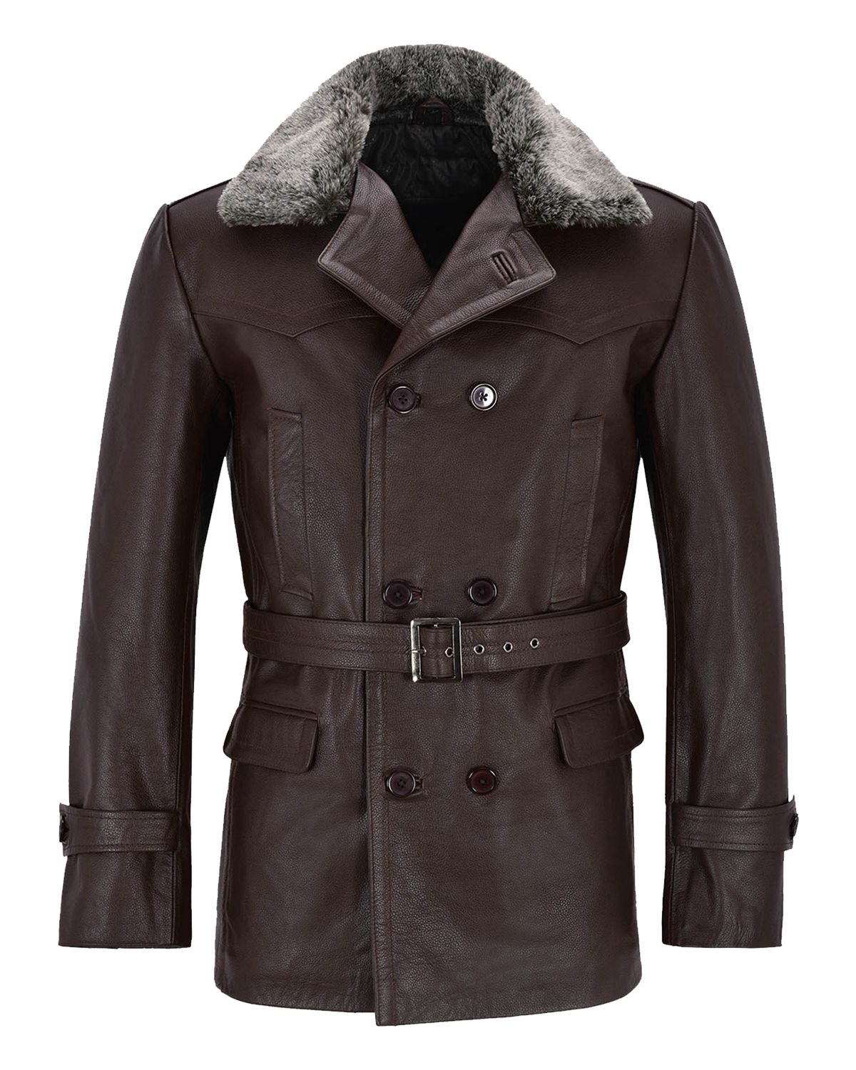 Men's German Real Leather Brown Peacoat Fur Collar