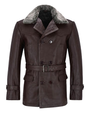 Men's German Real Leather Brown Peacoat Fur Collar