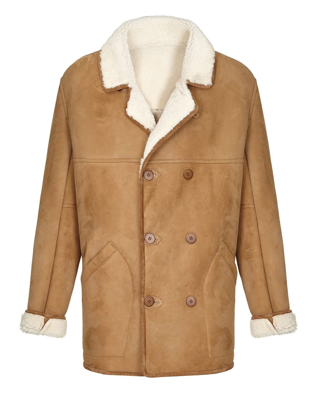 Men's Camel Brown Fur Shearling Real Leather Duffle Coat