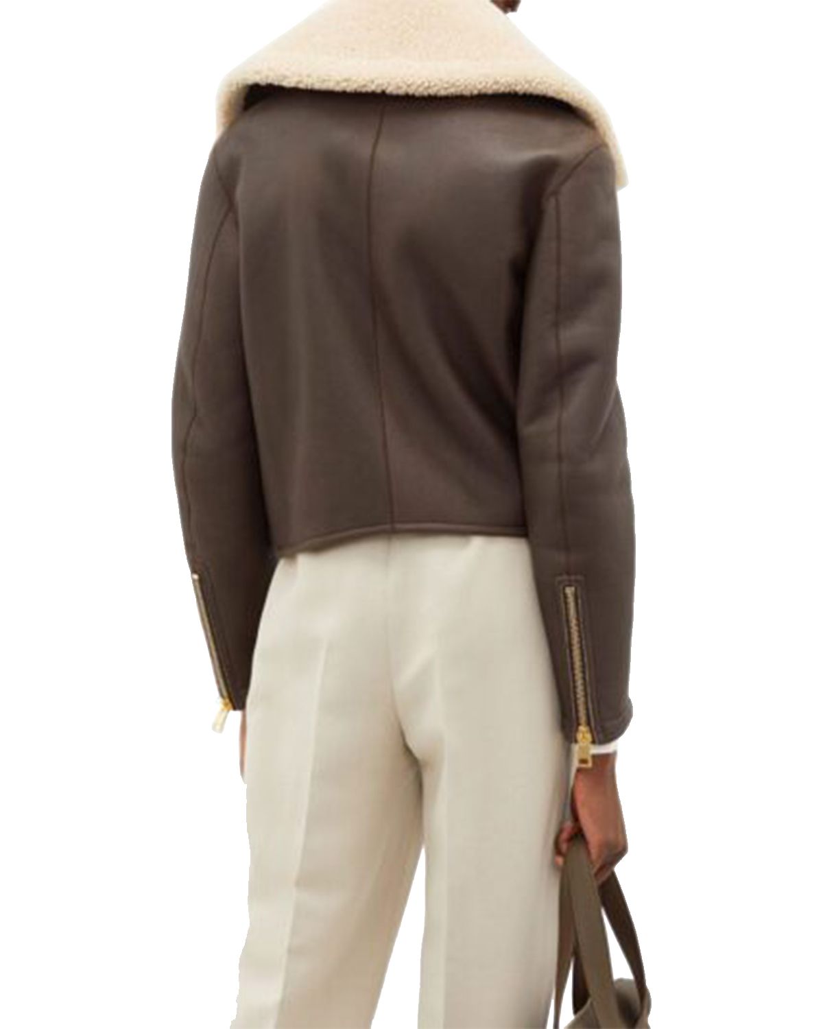 Women's Chocolate Brown Faux Shearling Real Sheepskin Leather Jacket