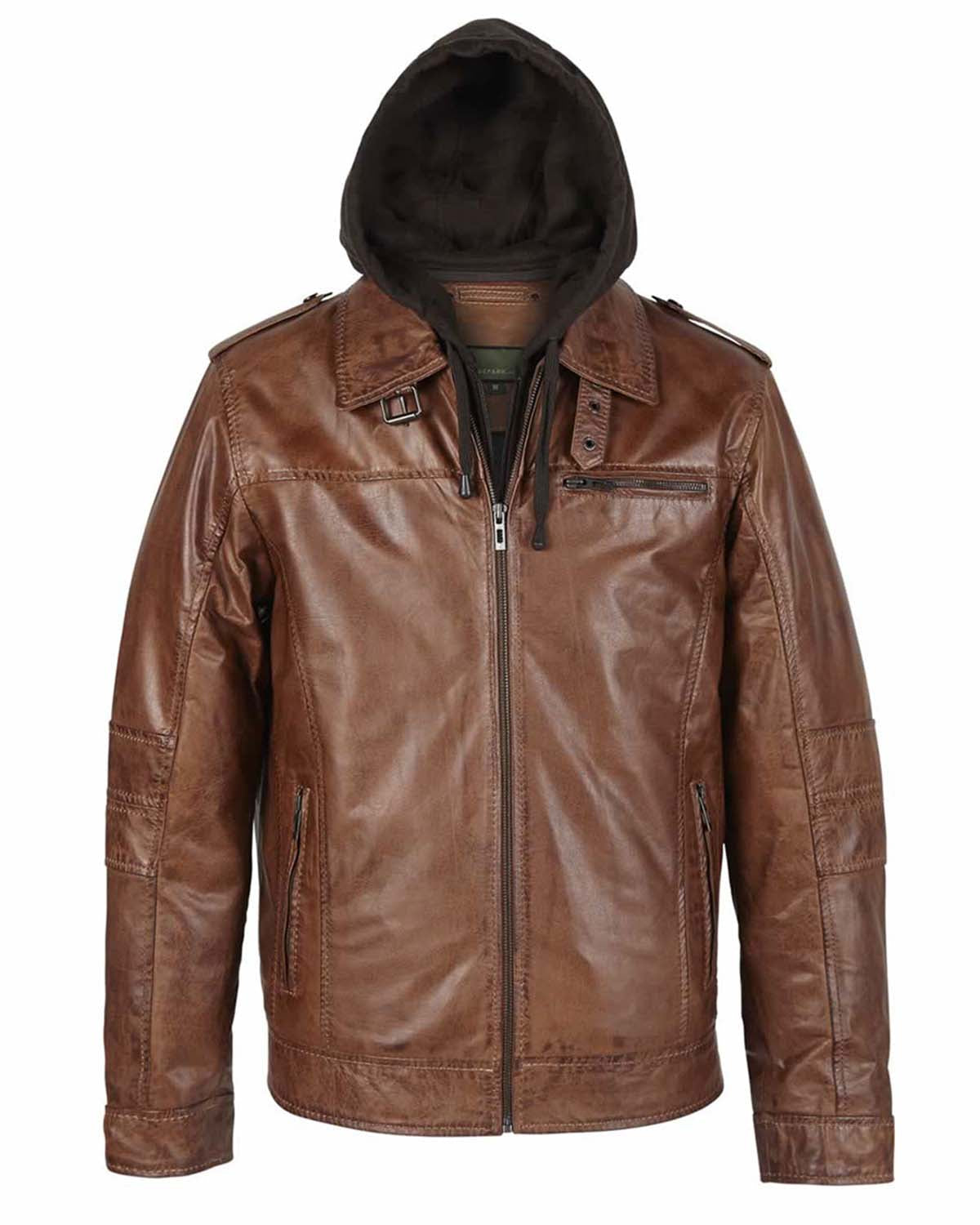 Mens Rust Hooded Brown Leather Jacket