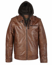 Mens Rust Hooded Brown Leather Jacket