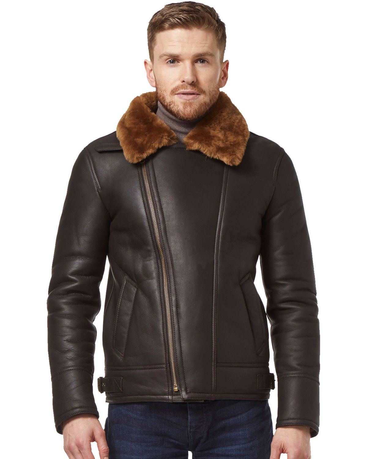 Men's Brown Ginger Aviator Bomber Cross Zipper Leather Jacket