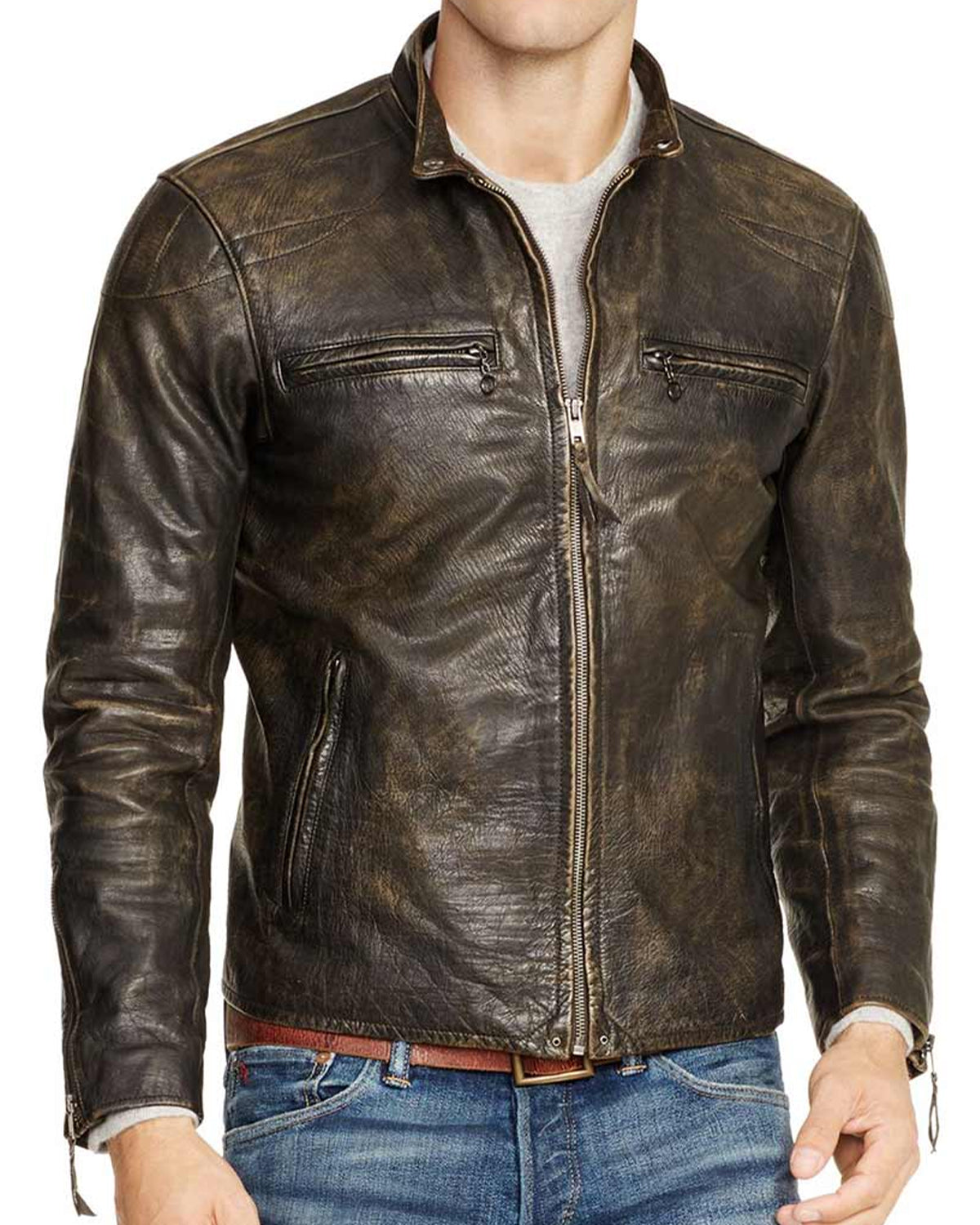 Mens Motorcycle Distressed Brown Leather Jacket