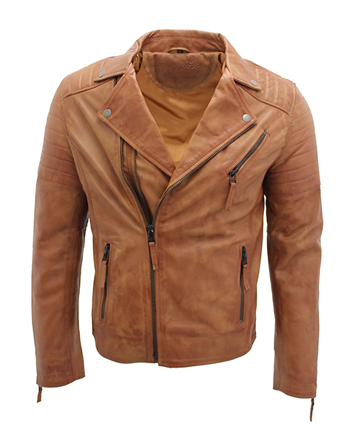 Brown Slim Fit Vintage Brando Leather Cross Zip Biker Jacket For Men’s