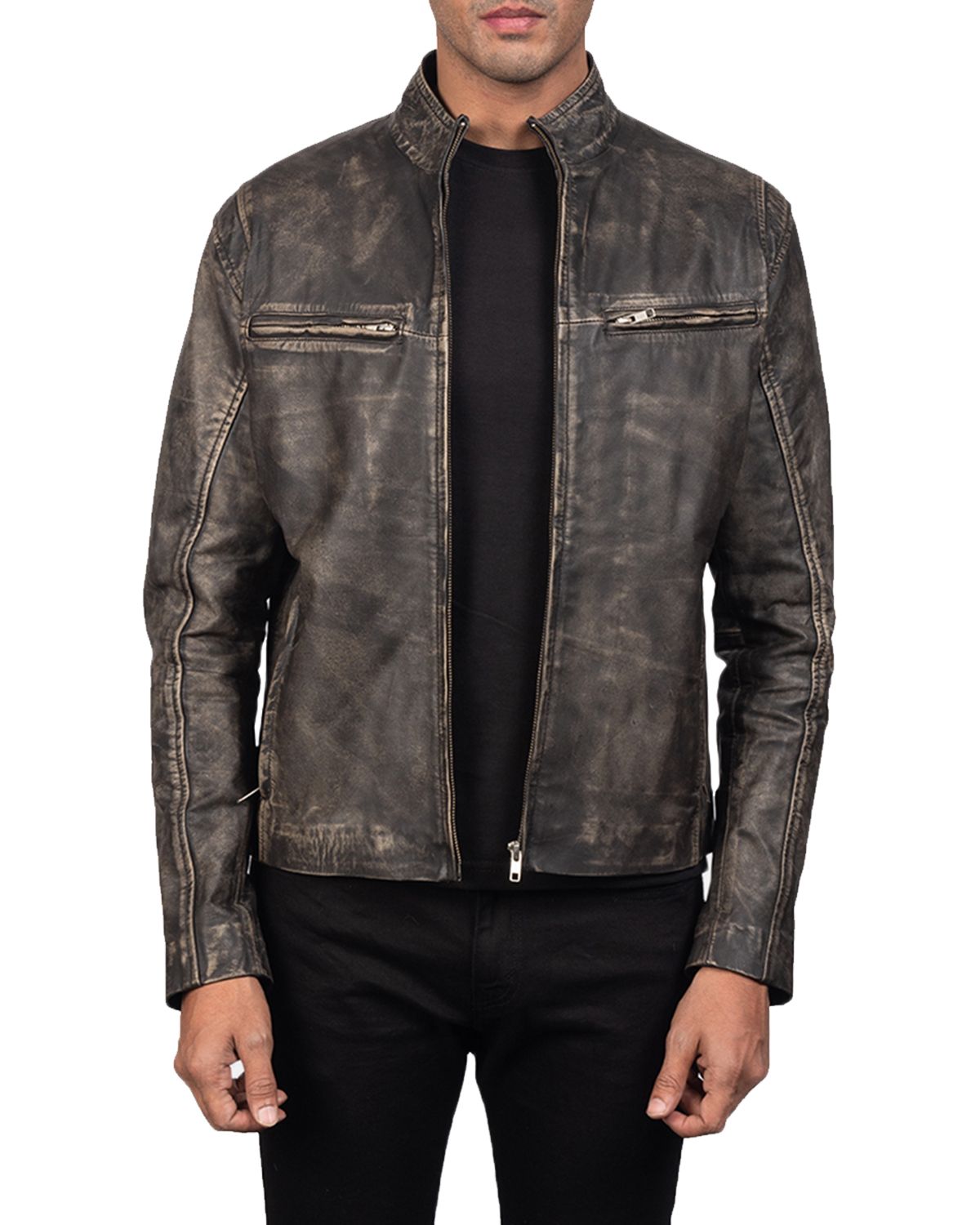 Men's Distressed Brown Biker Genuine Sheepskin Leather Jacket