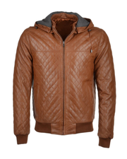 Men's Quilted Detachable Hooded Bomber Real Leather Jacket