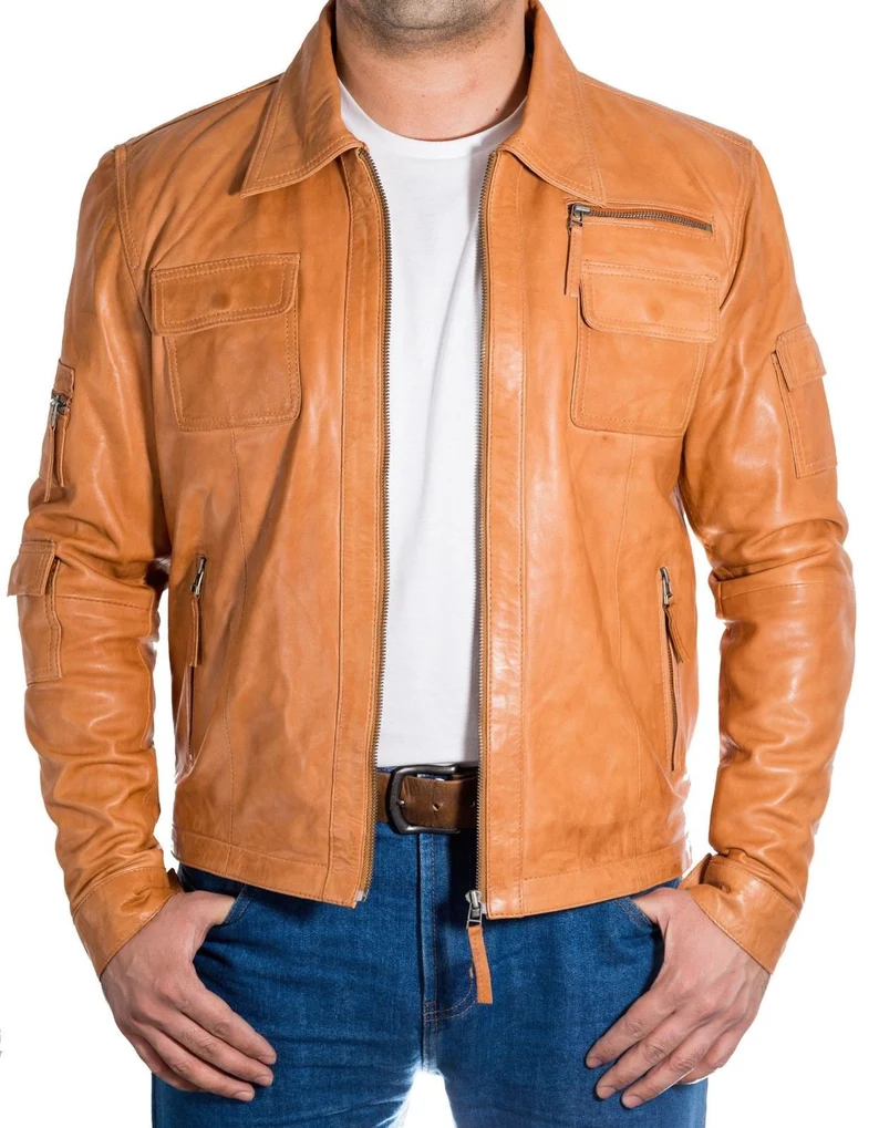 Mens Tan Brown Biker Shirt Collar Style Leather Jacket