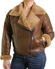 Womens Fur Shearling Flying Bomber Aviator Jacket