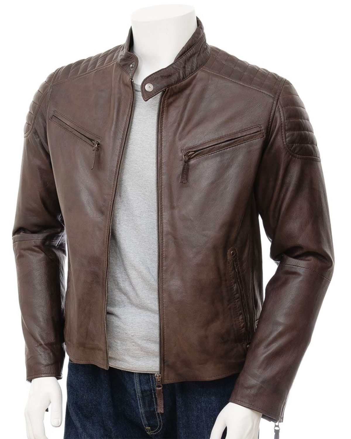 Men's Quilted Shoulder Classic Cafe Racer Motorcycle Jacket