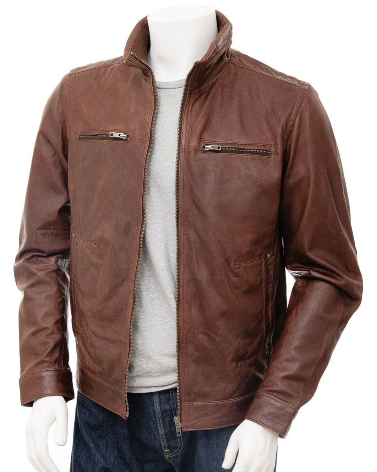 Men's Brown High Funnel Neck Collar Biker Real Leather Jacket