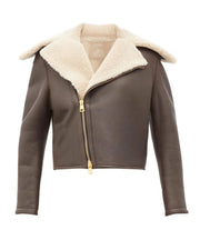 Women's Chocolate Brown Faux Shearling Real Sheepskin Leather Jacket
