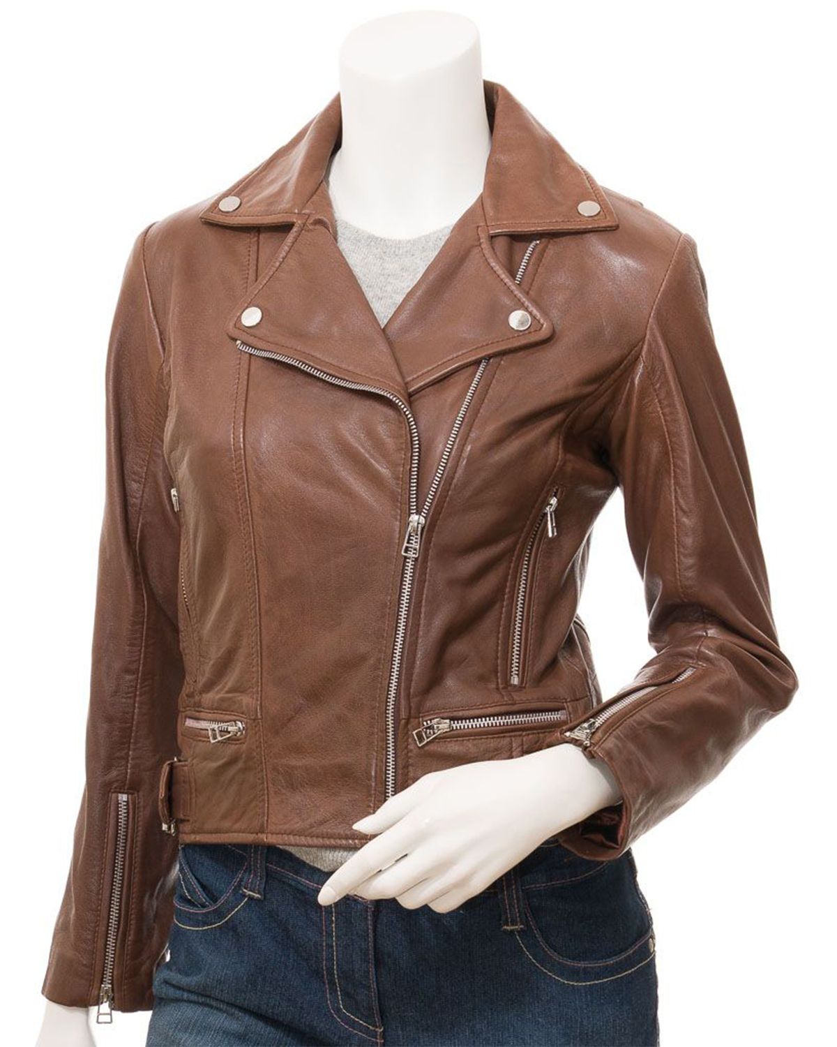 Womens Cross Zip Brown Biker Genuine Sheepskin Leather Jacket