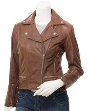 Womens Cross Zip Brown Biker Genuine Sheepskin Leather Jacket