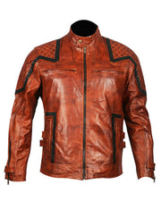 101 Tan Vintage Motor-Biker Distressed Brown Real Leather Jacket