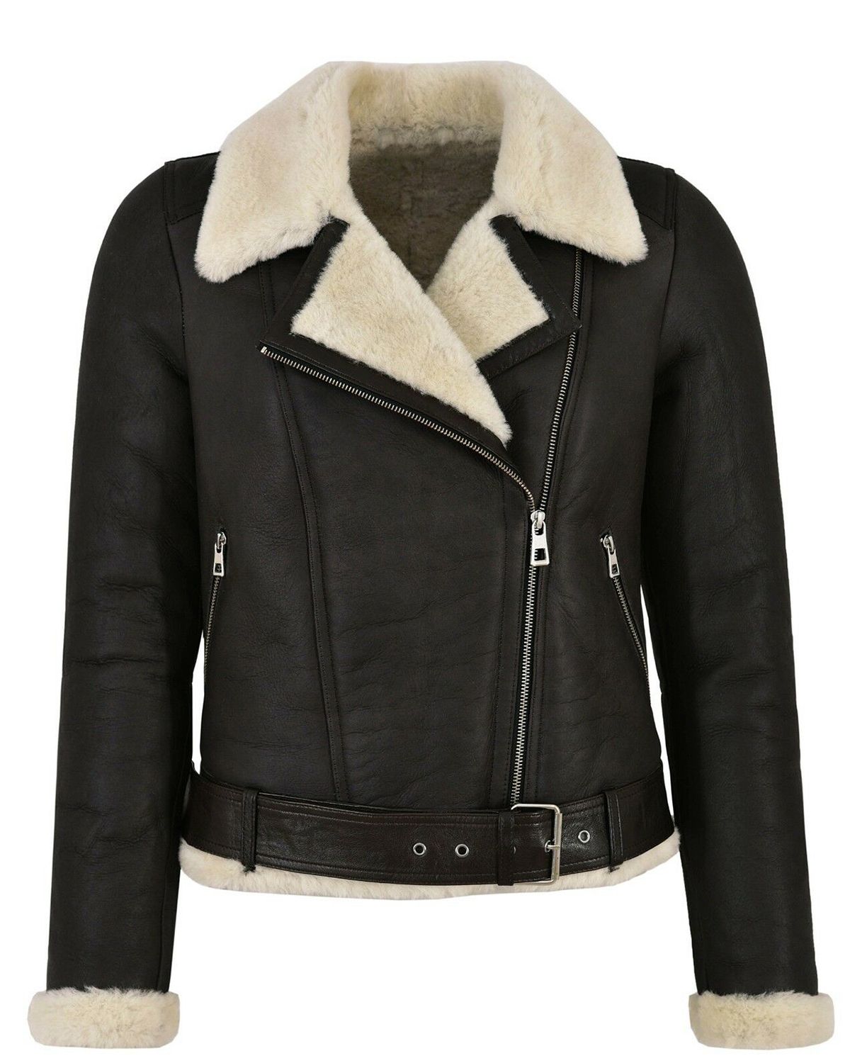 Women's Genuine Leather Faux Fur Shearling Biker Jacket