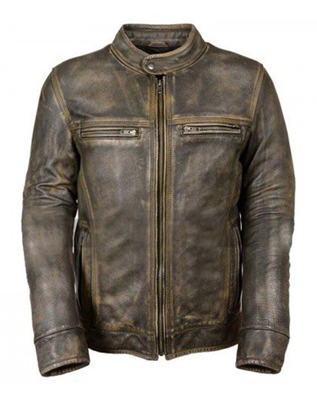 Mens Brown Cafe Racer Distressed Leather Jacket