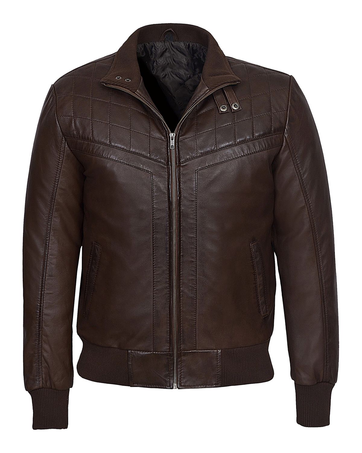 Mens Quilted Brown Retro Bomber Leather Jacket