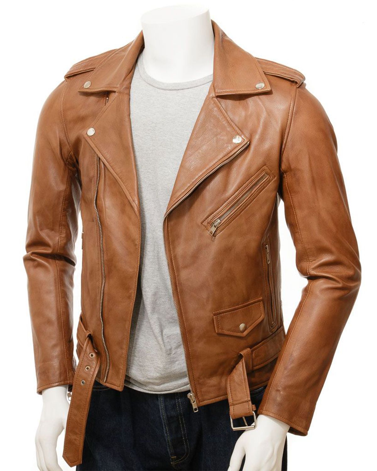 Men's Classic Brando Style Tan Biker Leather Jacket