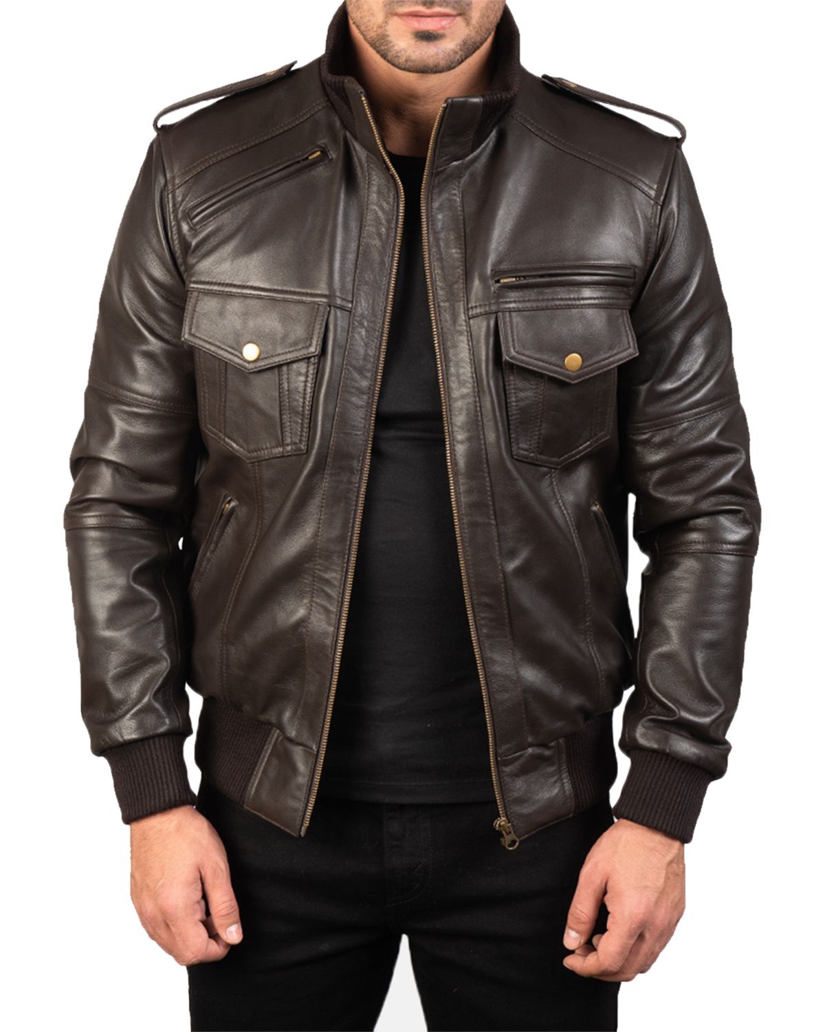 Men's Shadow Brown Bomber Leather Jacket